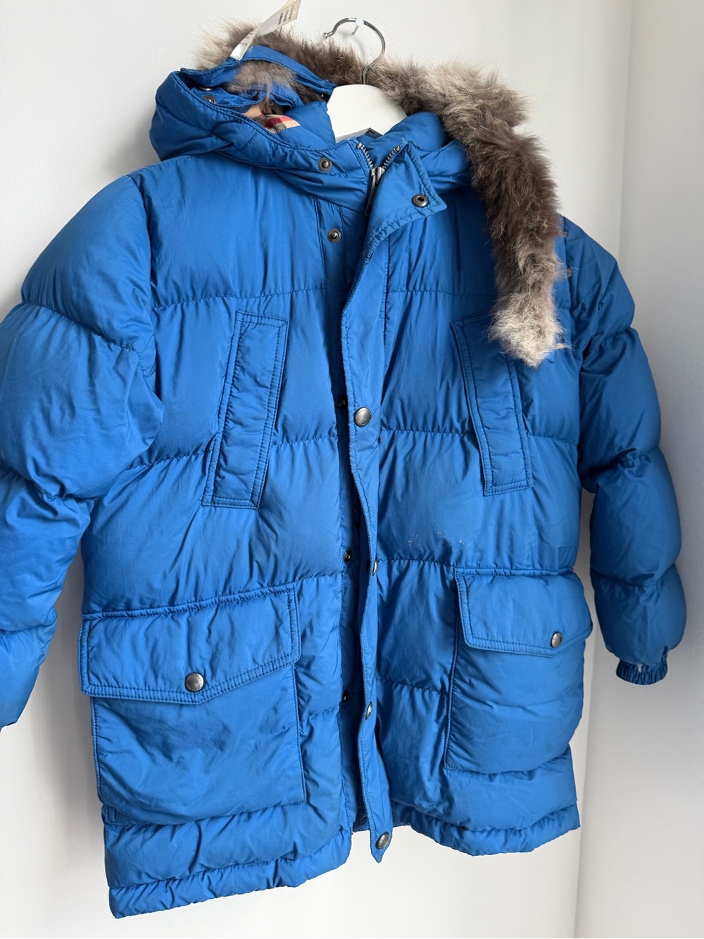 Burberry Bright Blue Kids Puffer Coat with Faux Fur Trim